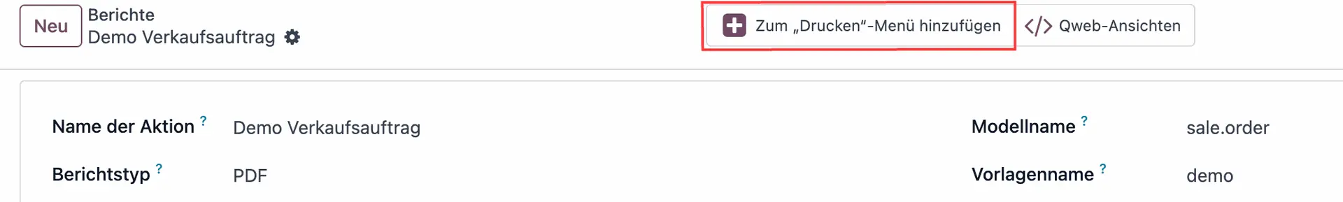 Report Aktion hinzufügen