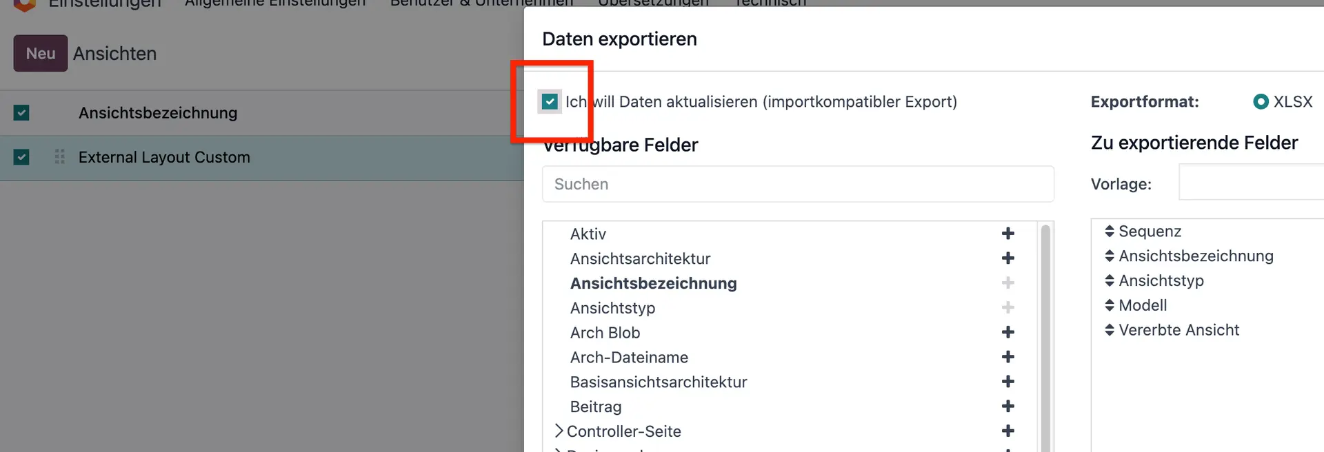 Screenshot Export mit Externer ID