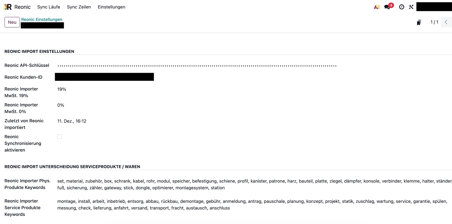 Reonic Settings Screenshot