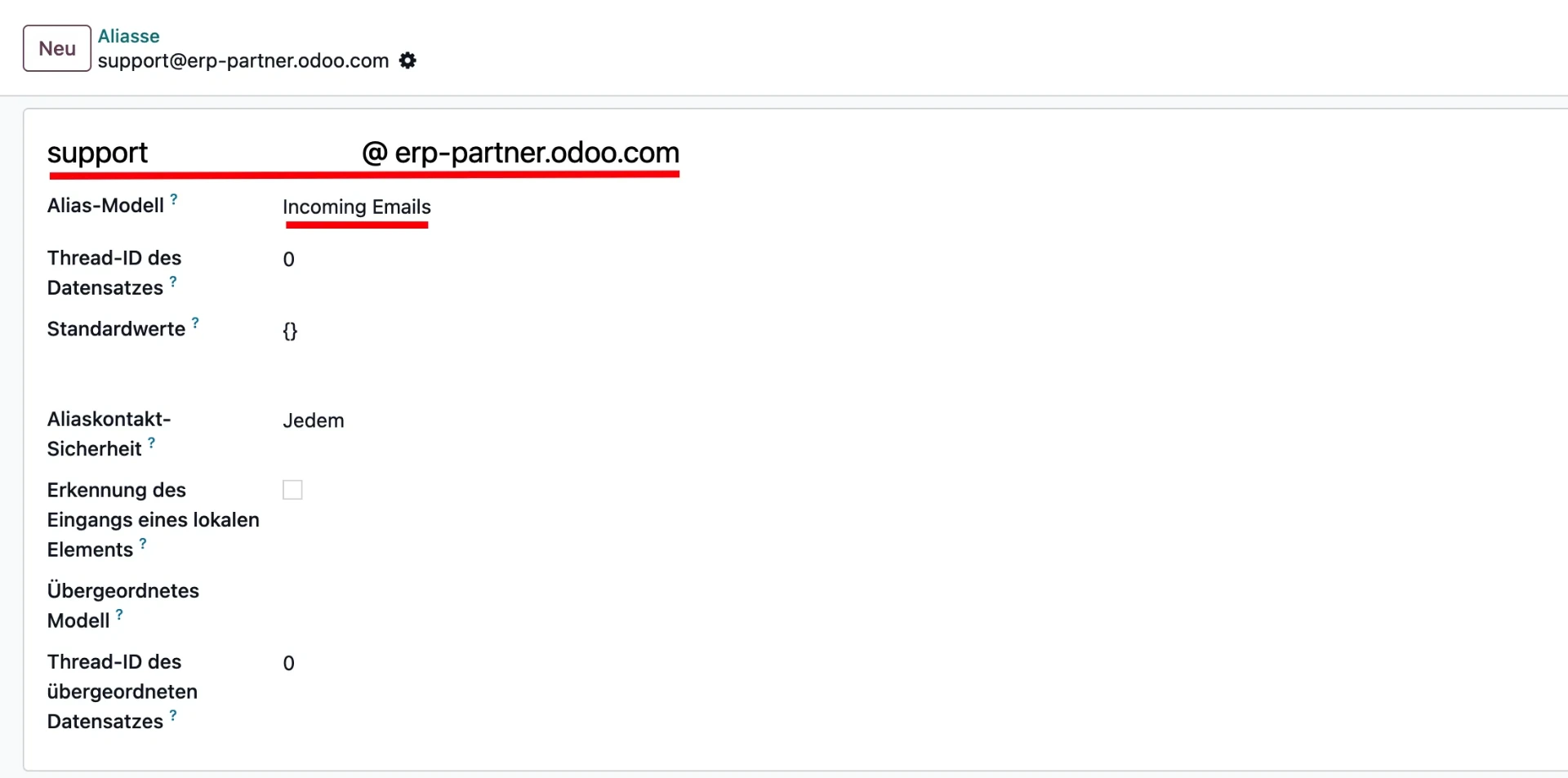 Odoo Mail Alias Screenshot