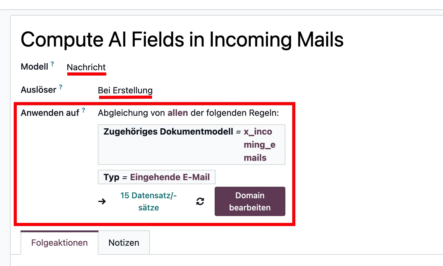 Odoo Automation Rule Screenshot