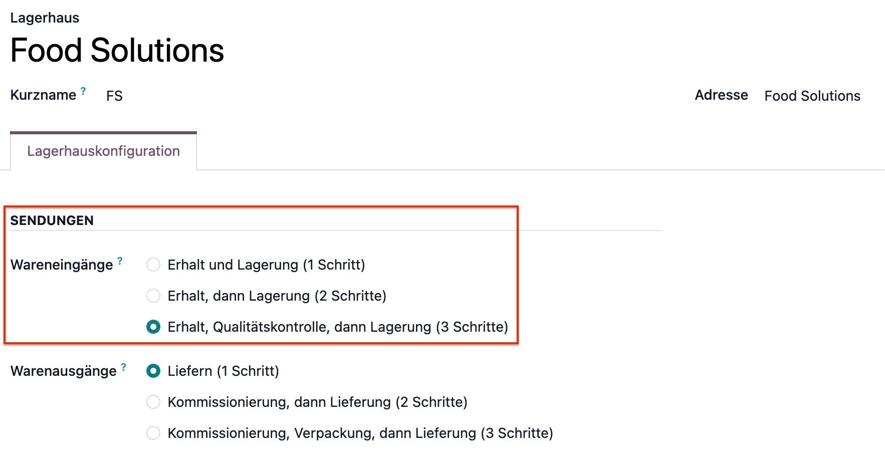 Lieferung in 3 Schritten erhalten Odoo Screenshot