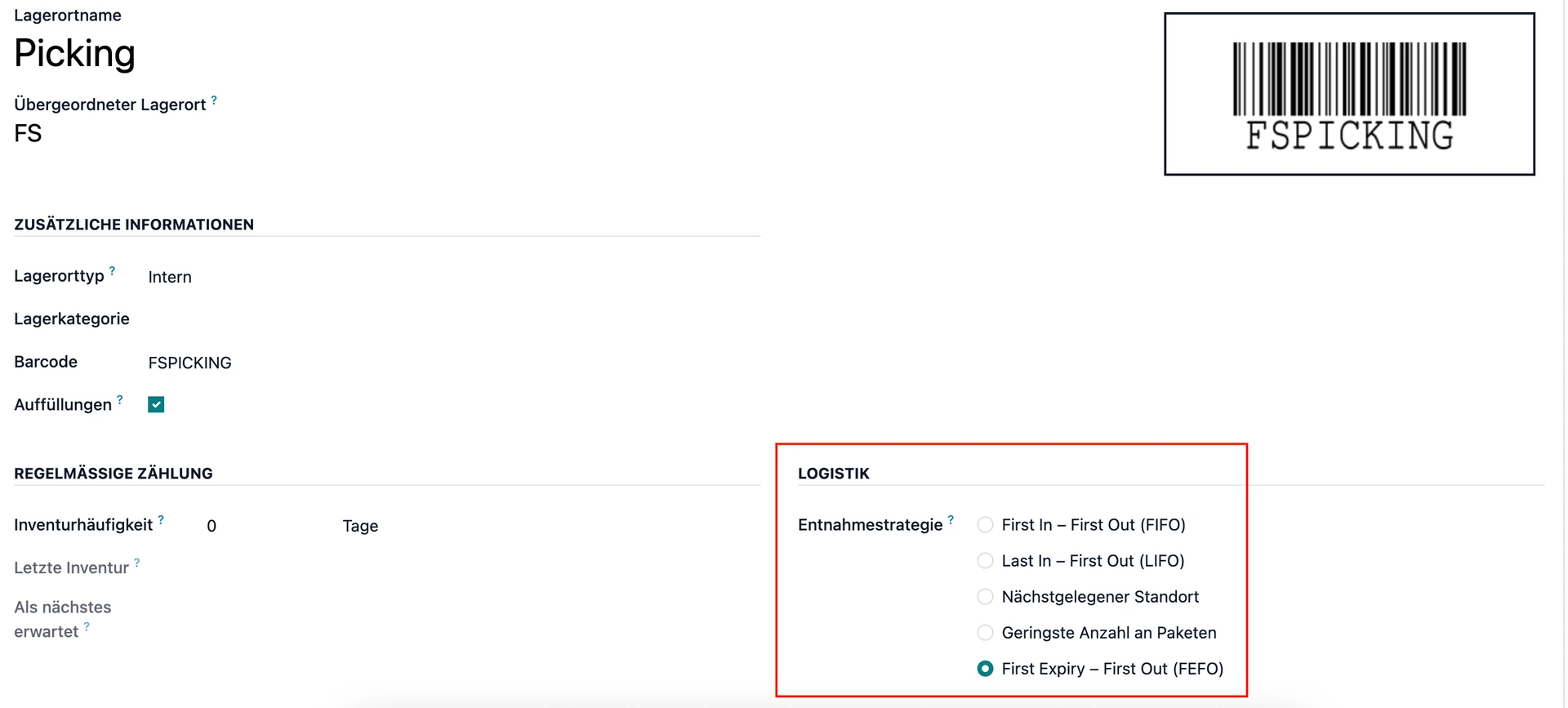 Odoo Screenshot Entnahmestrategie