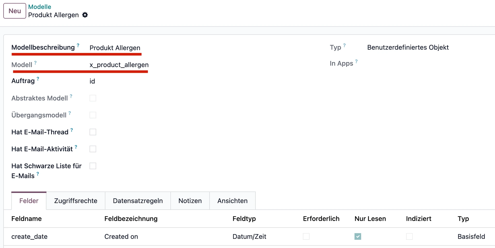 Odoo Allergen Model Screenshot