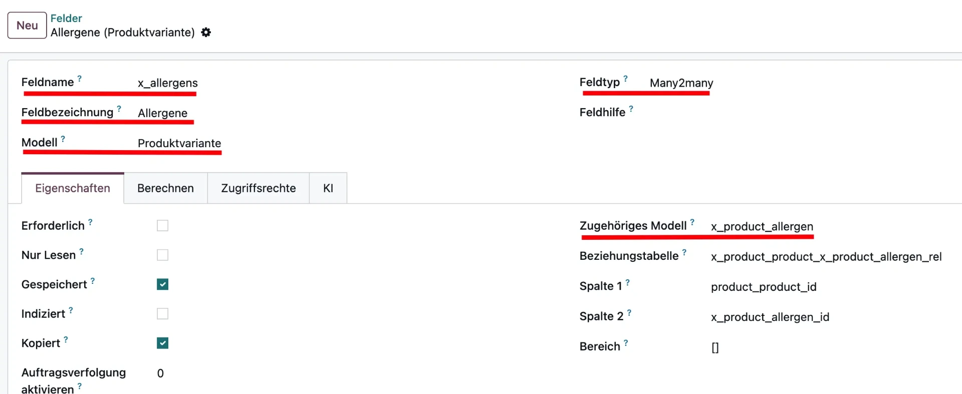 Odoo Allergen Field Screenshot