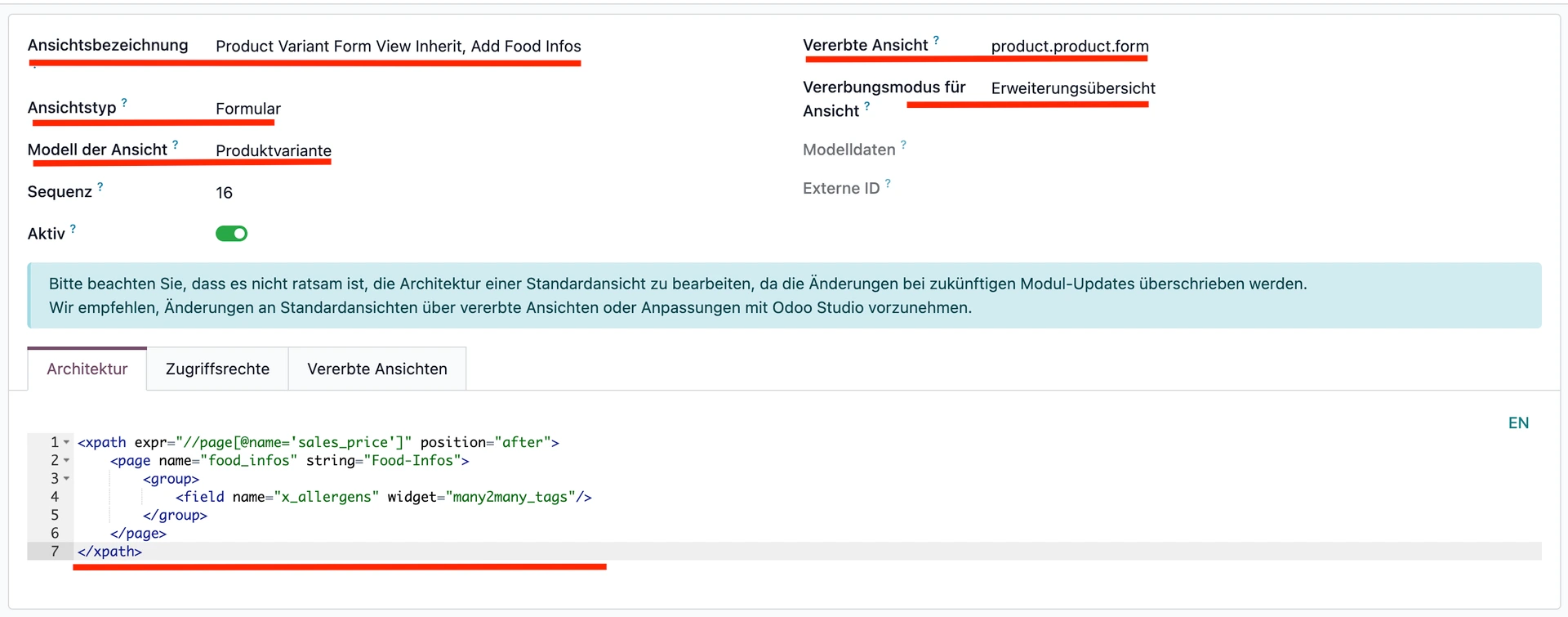 Odoo Food Info View Screenshot
