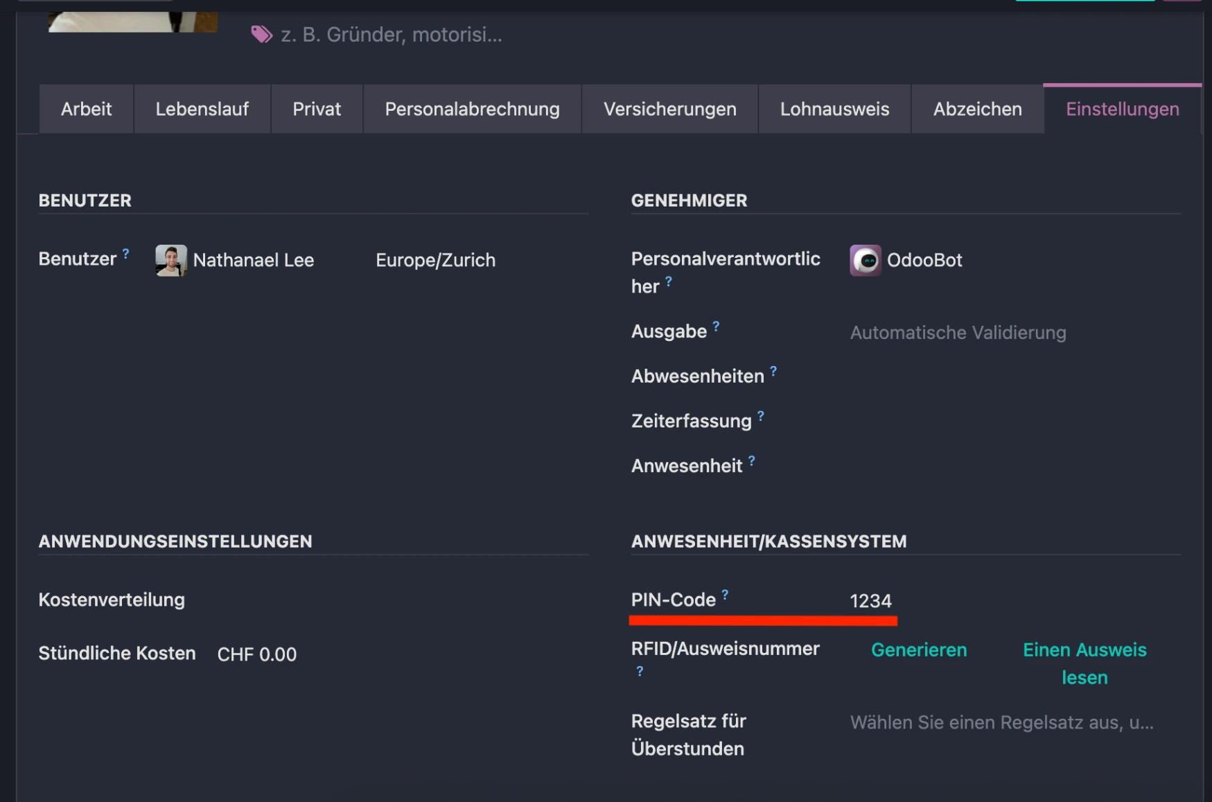 Odoo Mitarbeiter PIN