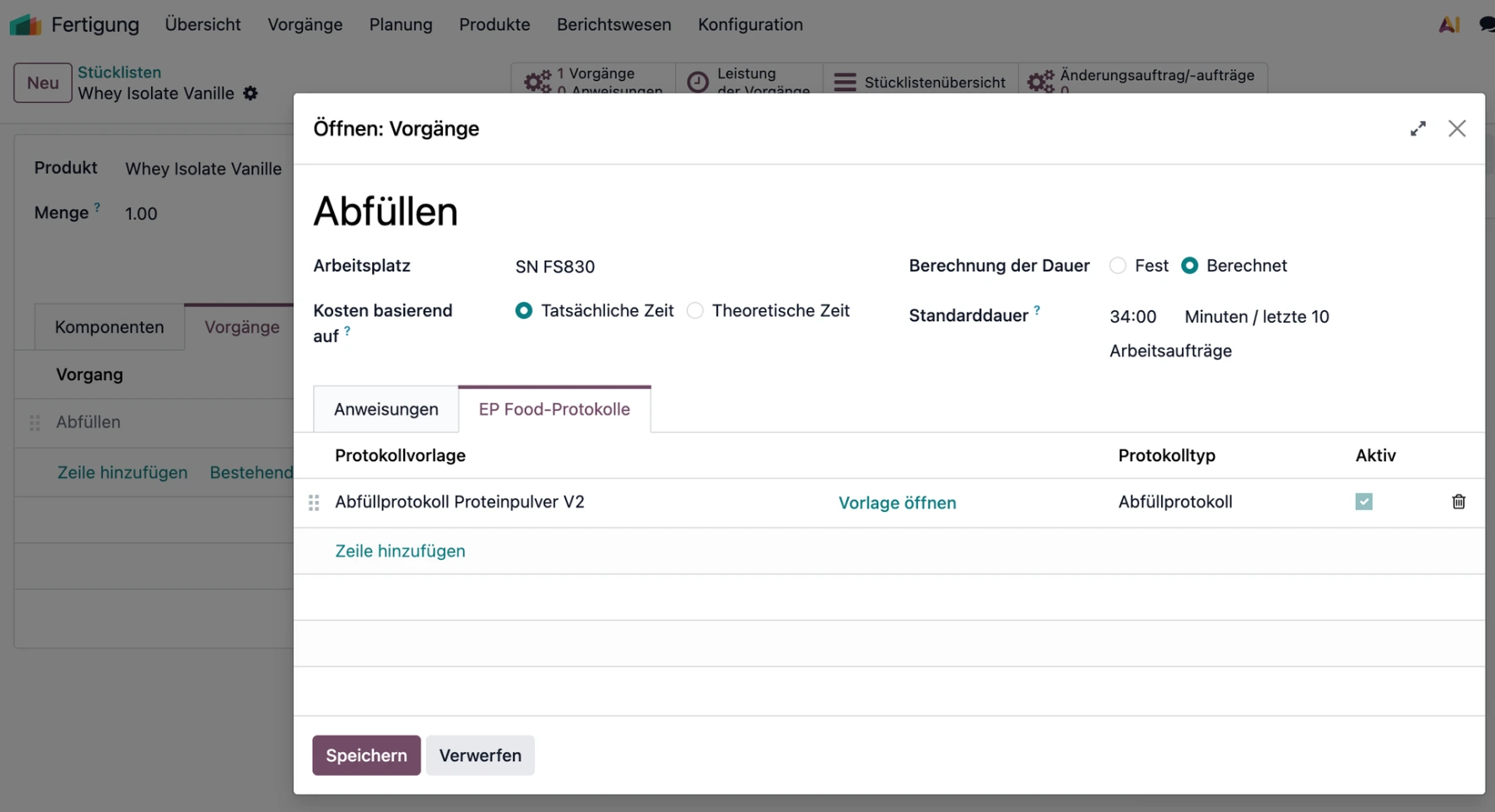 Screenshot Arbeitsschritt mit Protokoll