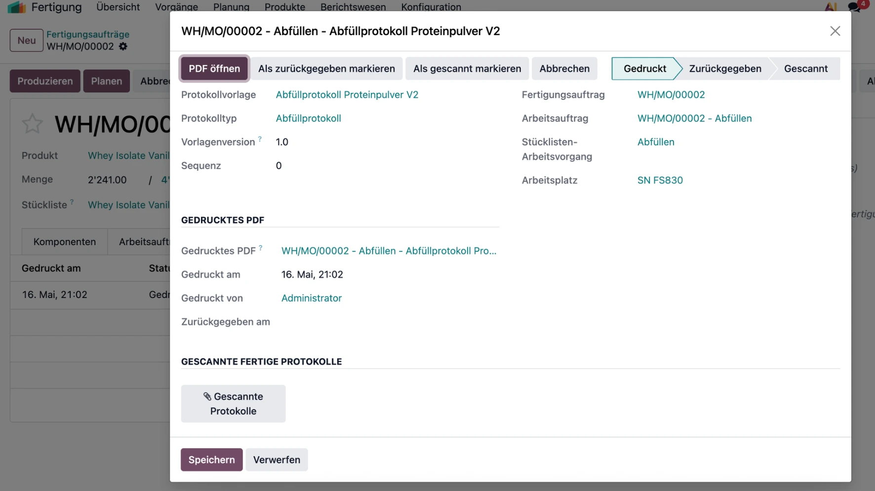 Screenshot gedrucktes Protokoll mit Scan Upload