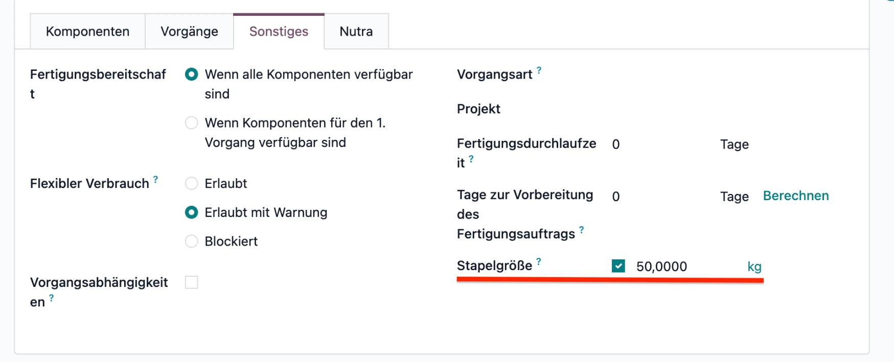 Odoo Stückliste Batches