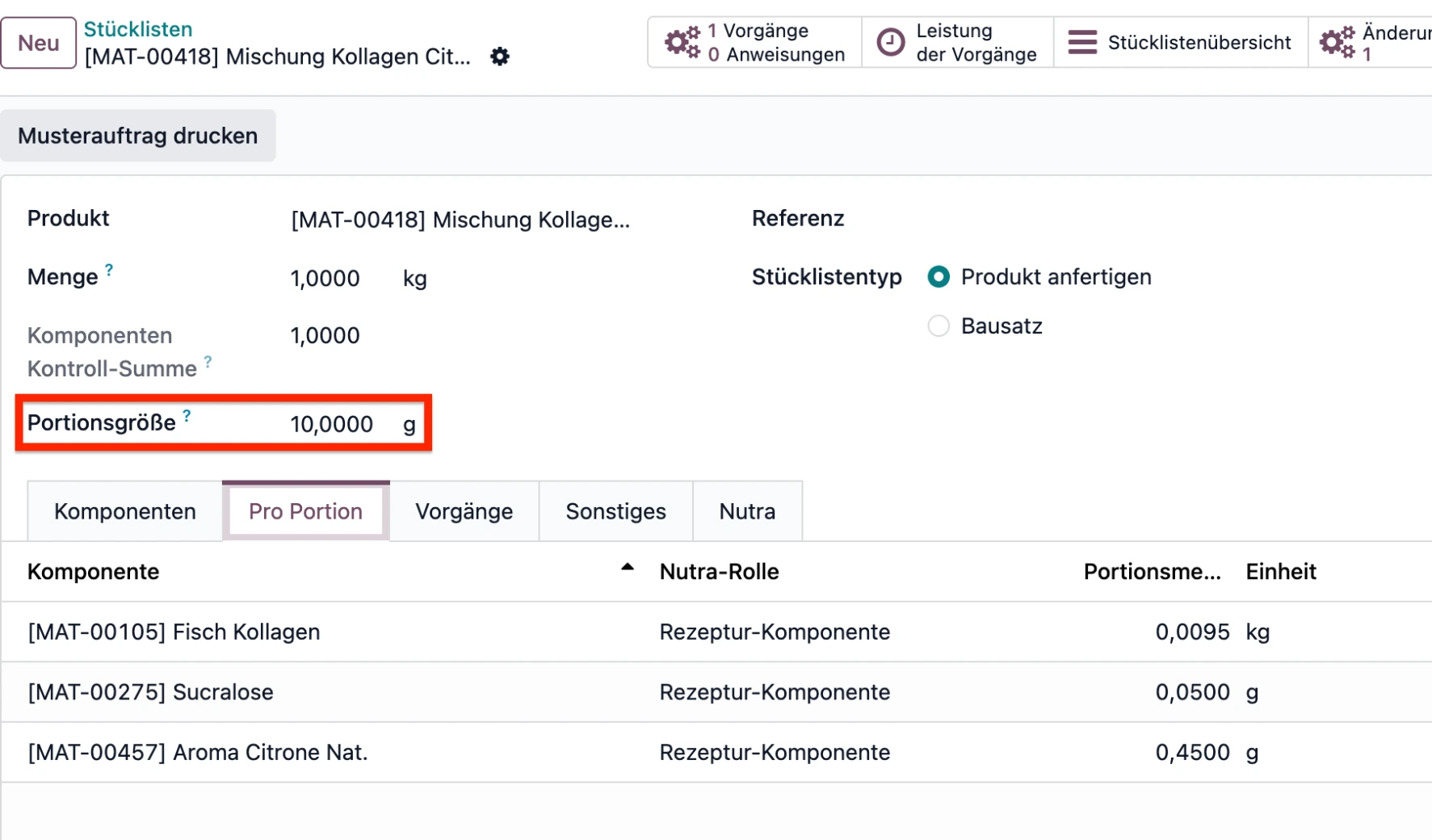 Pro Portion Berechnung auf der Stückliste
