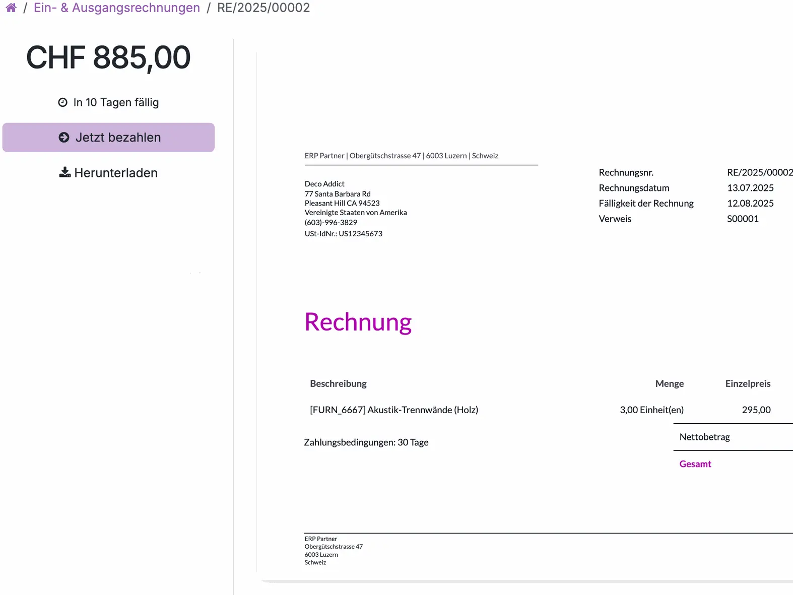 Odoo Rechnung Schweiz