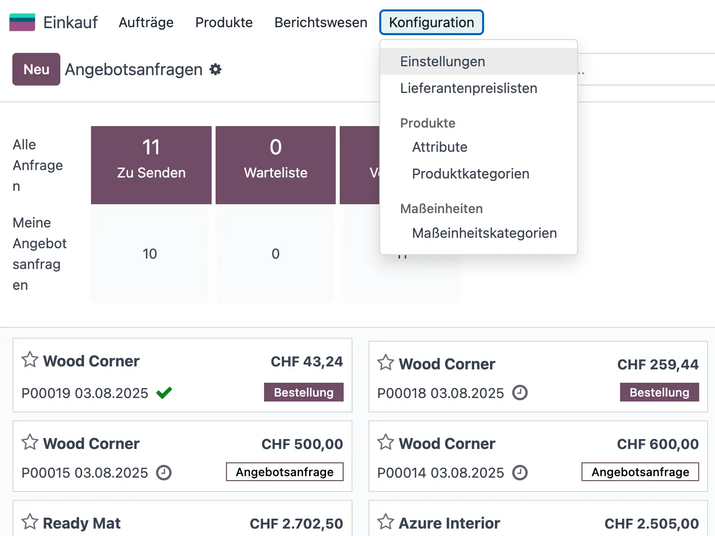 Odoo Einkauf Übersicht