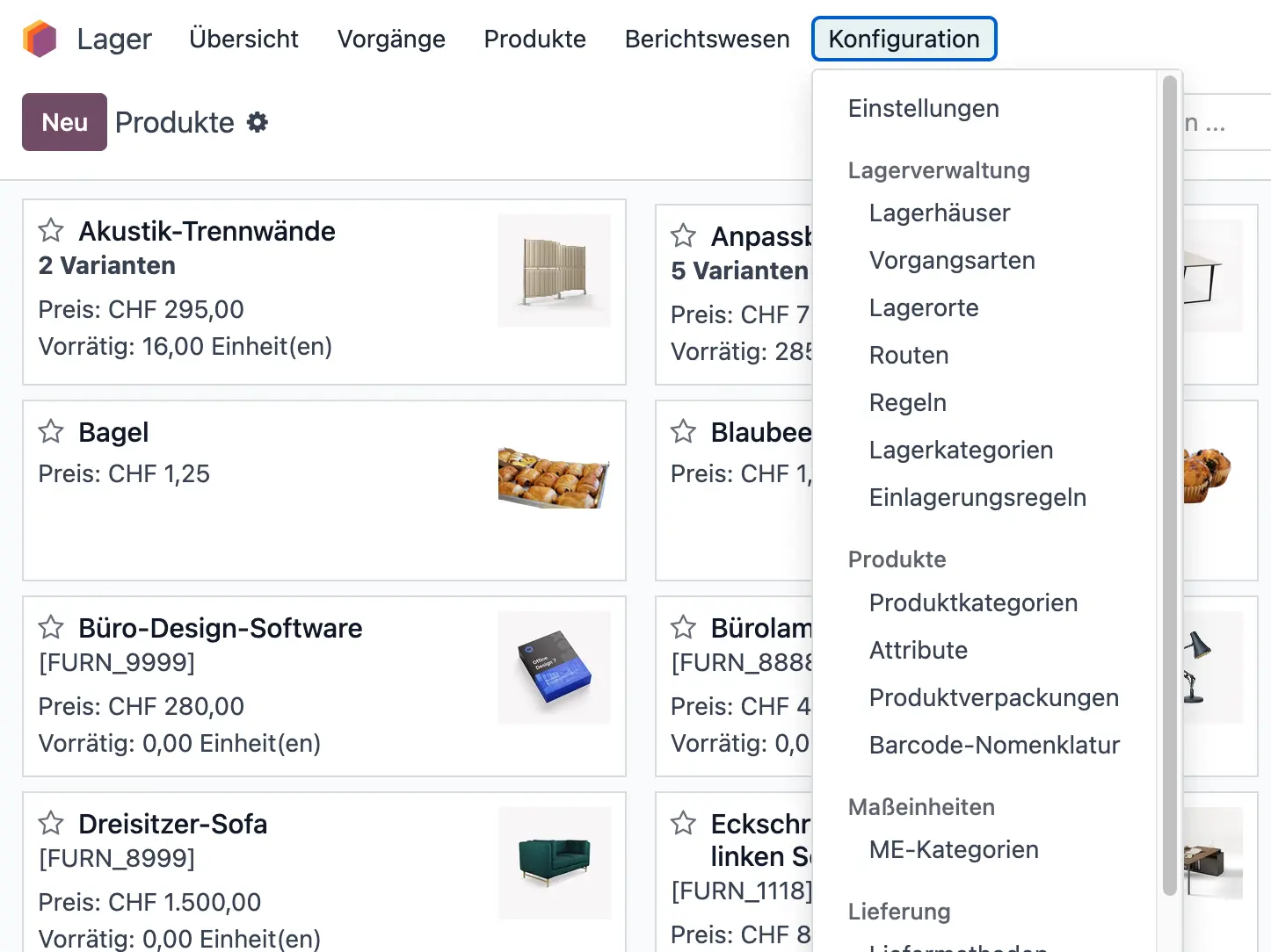 Odoo Lager Produktübersicht