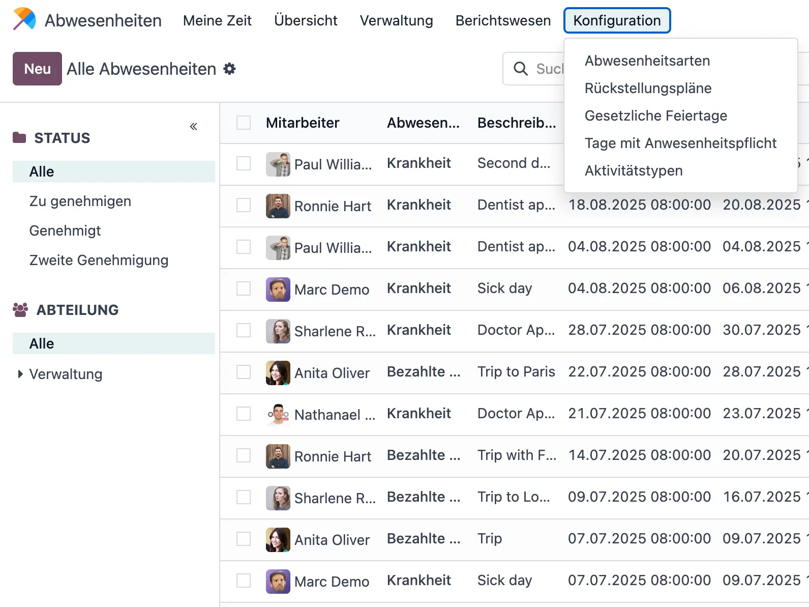 Odoo Abwesenheitseinträge